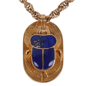 18k Lapis Lazuli Scarab Pendant on 14k Gold Chain