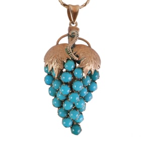 18K Turquoise Grape Pendant-Pin on 14k Gold Chain