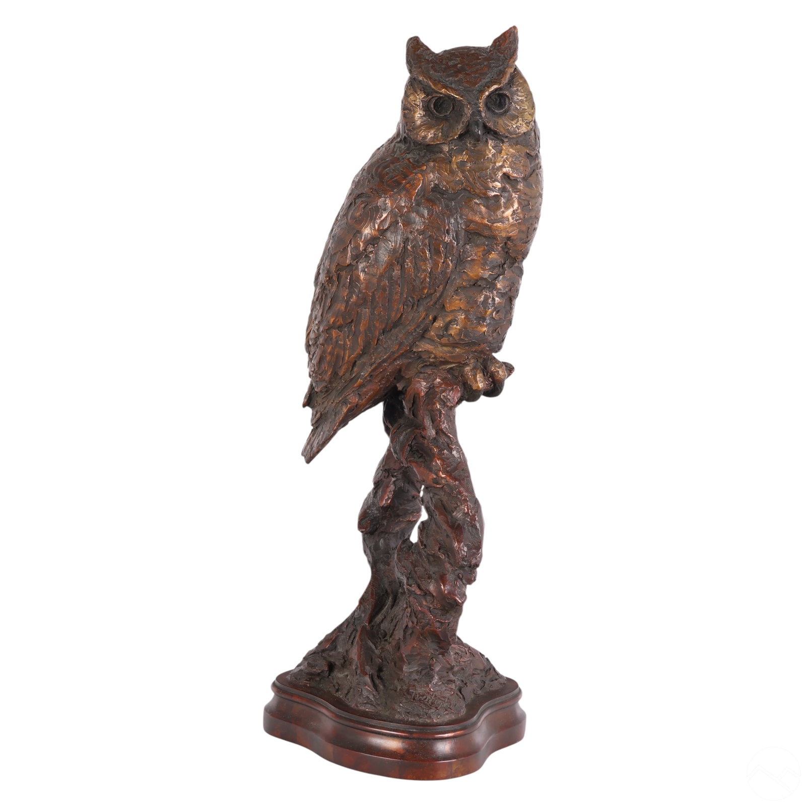 Ott Jones b.1959 Bronze Great Horned Owl Sculpture: Ott Jones (American, born 1959), limited edition cast bronze sculpture titled Twilight, depicting a great horned owl perched on a rugged tree stump. The sculpture features intricate feather detailing 