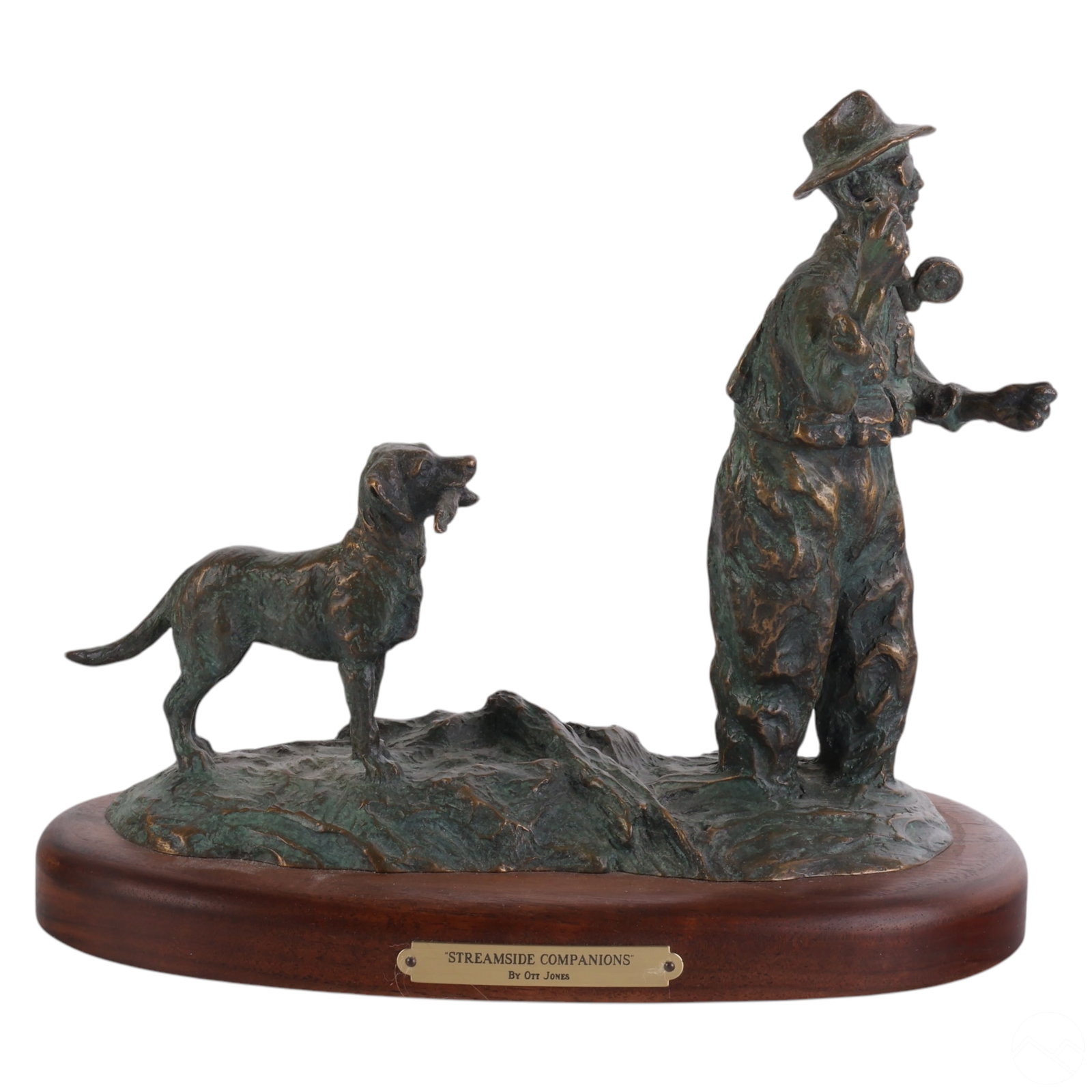 Ott Jones b.1959 Fisherman w/ Dog Bronze Sculpture: Ott Jones (American, born 1959), limited edition cast bronze sculpture titled Streamside Companions, depicting a fisherman accompanied by his retriever along a stream. The composition captures a lifel