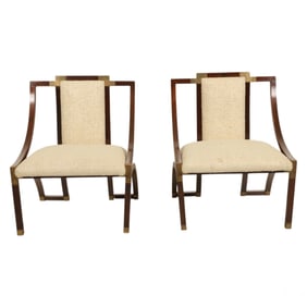 Pair MCM Upholstered Brass Accented Parlor Chairs