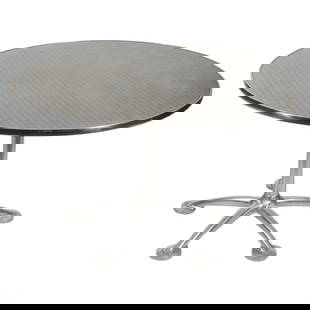 Knoll International Jorge Pensi 47" Aluminum Table: Jorge Pensi for Knoll International aluminum table featuring a brushed aluminum top , and supported by a sleek aluminum pedestal base with four curved legs. No apparent maker marks.Created with SnapGe