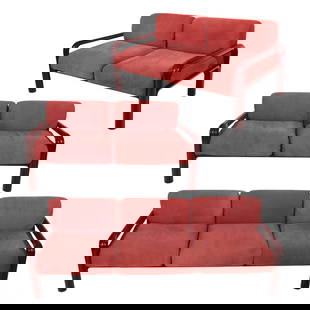 Gae Aulenti 3-Piece Knoll Red Sofa with Love Seats: Gae Aulenti (Italian, 1927-2012) for Knoll International three-piece seating set featuring a sofa and two matching loveseats. Designed with red suede upholstery and a lacquered metal tubular frame in
