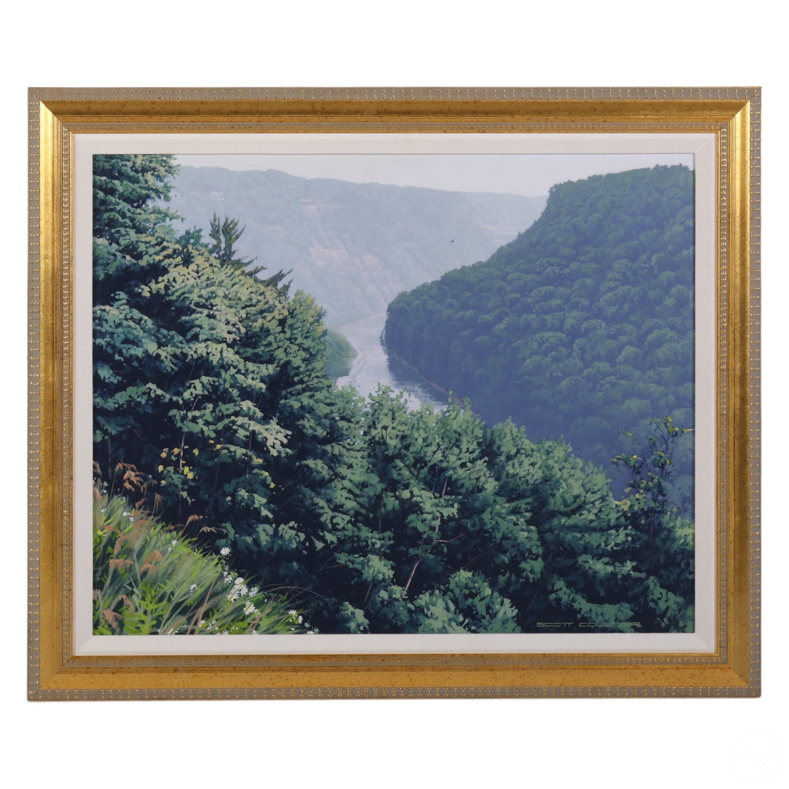 Scott Coulter 20C Green Canyon Landscape Painting: Scott Coulter (Canadian/American, 20th Century), original oil on canvas painting depicting a lush, verdant landscape with forested cliffs and a winding river cutting through a scenic valley. The compo
