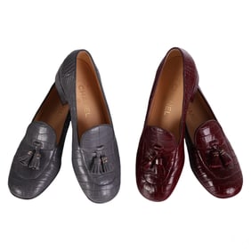 Chanel Grey Burgundy Croc Embossed Shoes TWO PAIRS