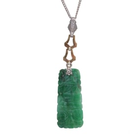 14k White Gold & Green Jade Deco Necklace Pendant