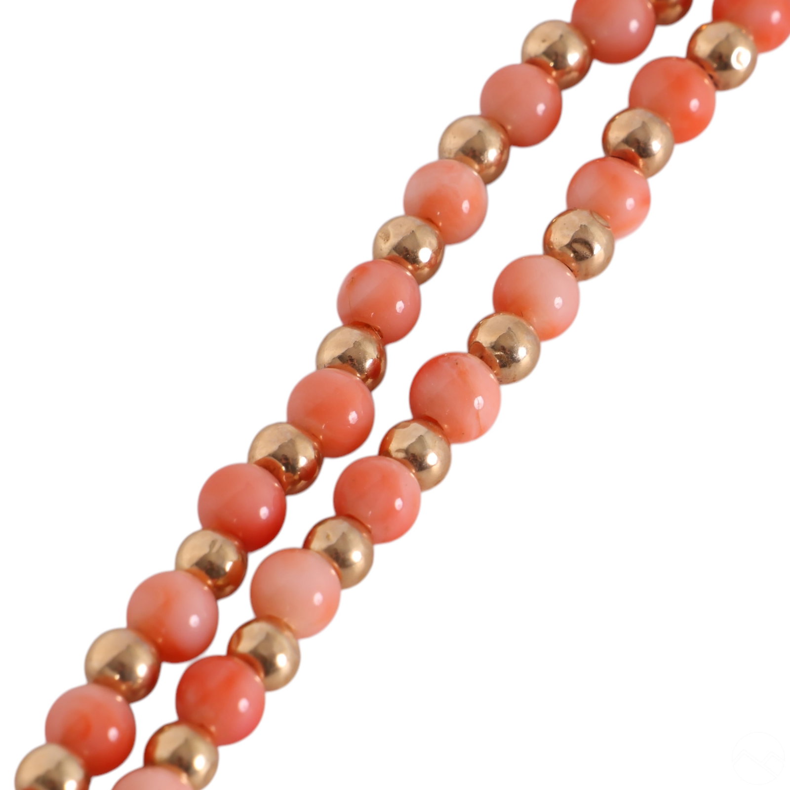 14K Gold Natural Salmon Pink Coral 52" Necklace: Classic 52-inch Italian salmon pink coral necklace featuring natural coral beads measuring approximately 5.75mm, interspersed with 5mm hollow-form solid 14K gold beads. The untreated coral beads displ