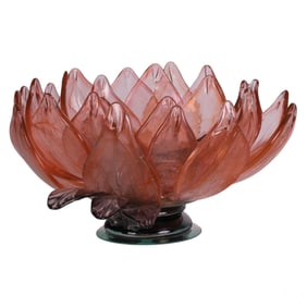 Large Art Glass Pink Lotus Flower Centerpiece Bowl