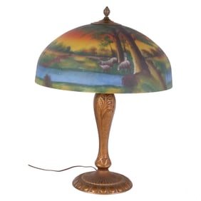 Antique Reverse Painted Landscape Shade Table Lamp