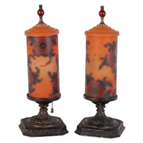 Art Deco Pair Phoenix Glass Cylinder Boudoir Lamps