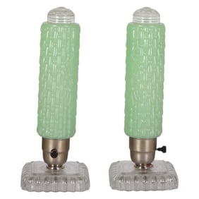 Art Deco Pair Green Glass Cylinder Boudoir Lamps
