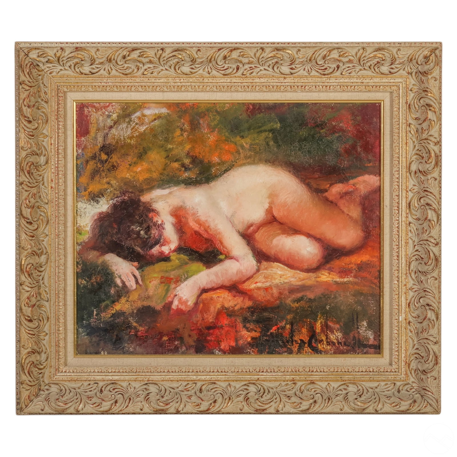 Rosendo Carbonell 1910-1984 Sleeping Nude Painting: Rosendo Gonzales Carbonell (Spanish, 1910-1984), original oil painting on canvas depicting a reclining nude figure in a lush natural landscape. Expressive brushwork and the interplay of light and shad