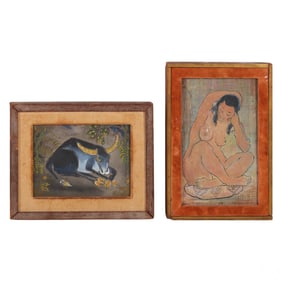 Seated Nude Woman & Water Buffalo Painting 2pc LOT