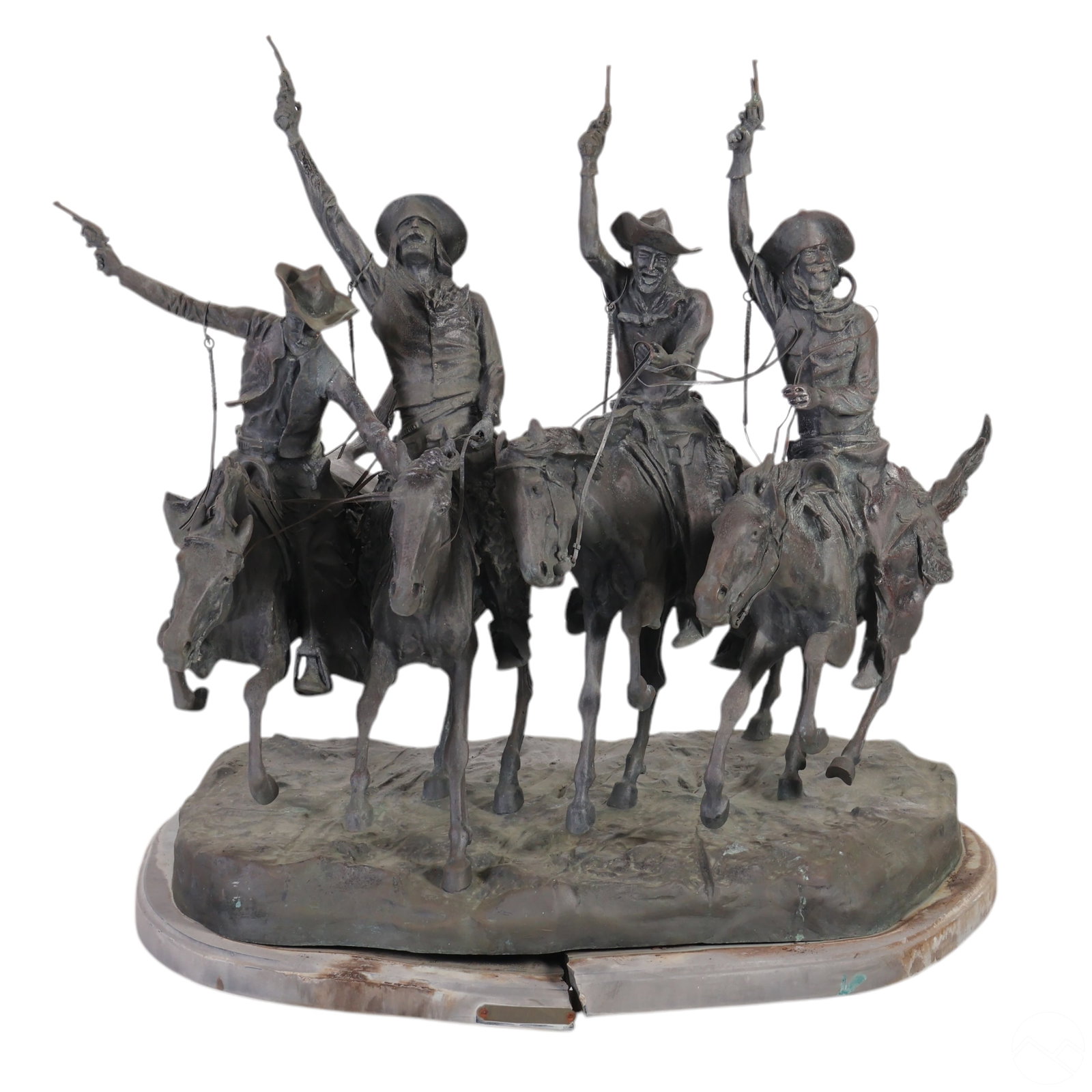 The Outlaw Riders Bronze Sculpture after Remington: Bronze Western Cowboy Americana sculpture titled The Outlaw Riders, after Frederic Remington (American, 1869-1909). The dynamic composition depicts a group of outlaw riders on horseback in mid-gallop,