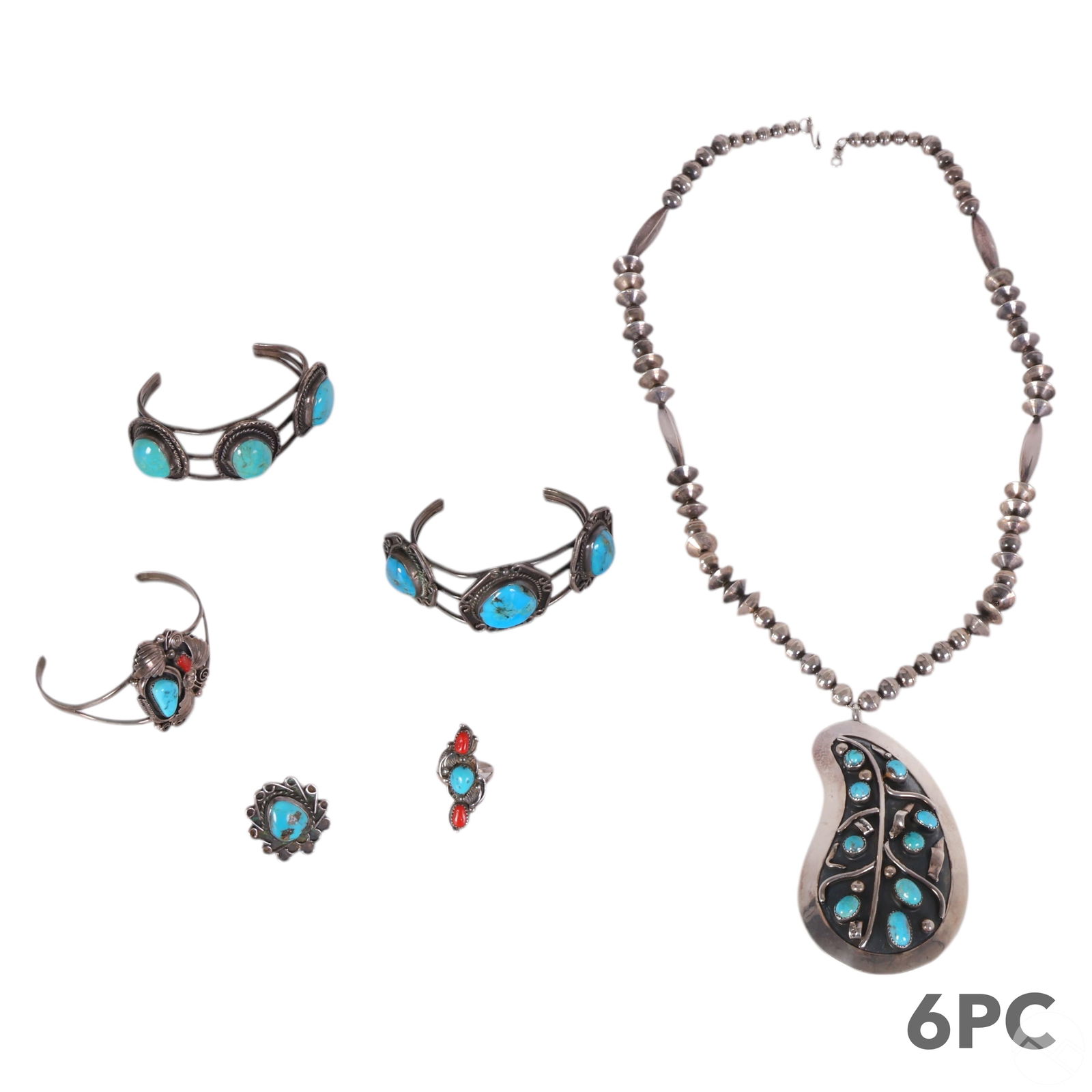Silver Turquoise Navajo Bracelet Ring Necklace LOT: Estate lot of Navajo-style sterling silver and turquoise jewelry, comprising three cuff bracelets with bezel-set turquoise stones, one marked "W Denet Dale Sterling"; a squash blossom-style necklace f