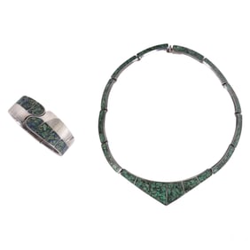 Mexican Silver and Turquoise Bracelet Necklace SET