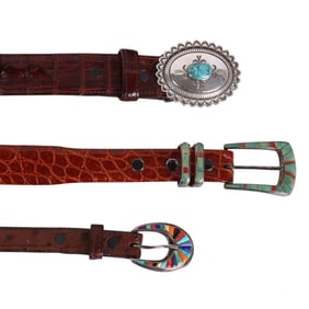 Navajo Silver Turquoise Buckle Leather Belts LOT