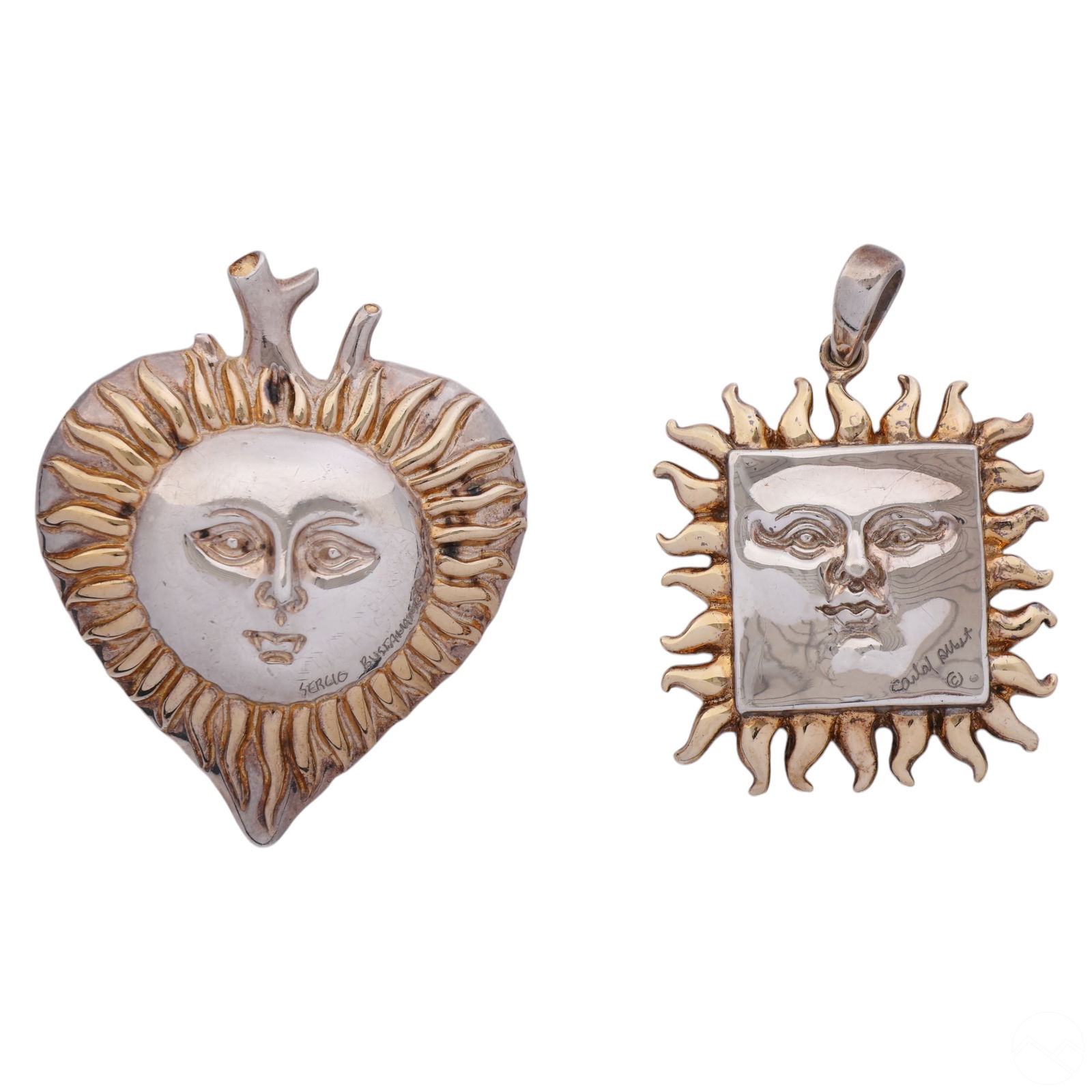 Sergio Bustamante Carlos Albert Silver Sun Pendant: Estate lot of two Mexican sterling silver artist-signed sun pendants. The lot includes a heart-shaped sun pendant by Sergio Bustamante, featuring gold-accented rays and a sculpted face, signed on the