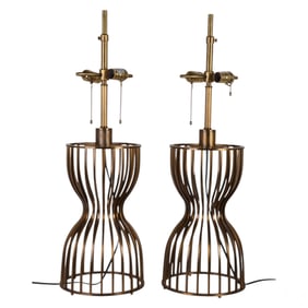 Italian Pair Hourglass Cage Form Brass Table Lamps