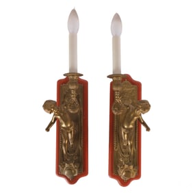 Hollywood Regency Style Pair Brass Cherub Sconces