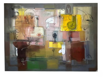 Antonio Carreno b.1963 Abstract Modernism Painting: Antonio Carreno (American/Dominican Republic, born 1963), original mixed media painting on canvas titled Jardin de Placer, featuring an abstract composition of geometric forms, muted earthy tones, and