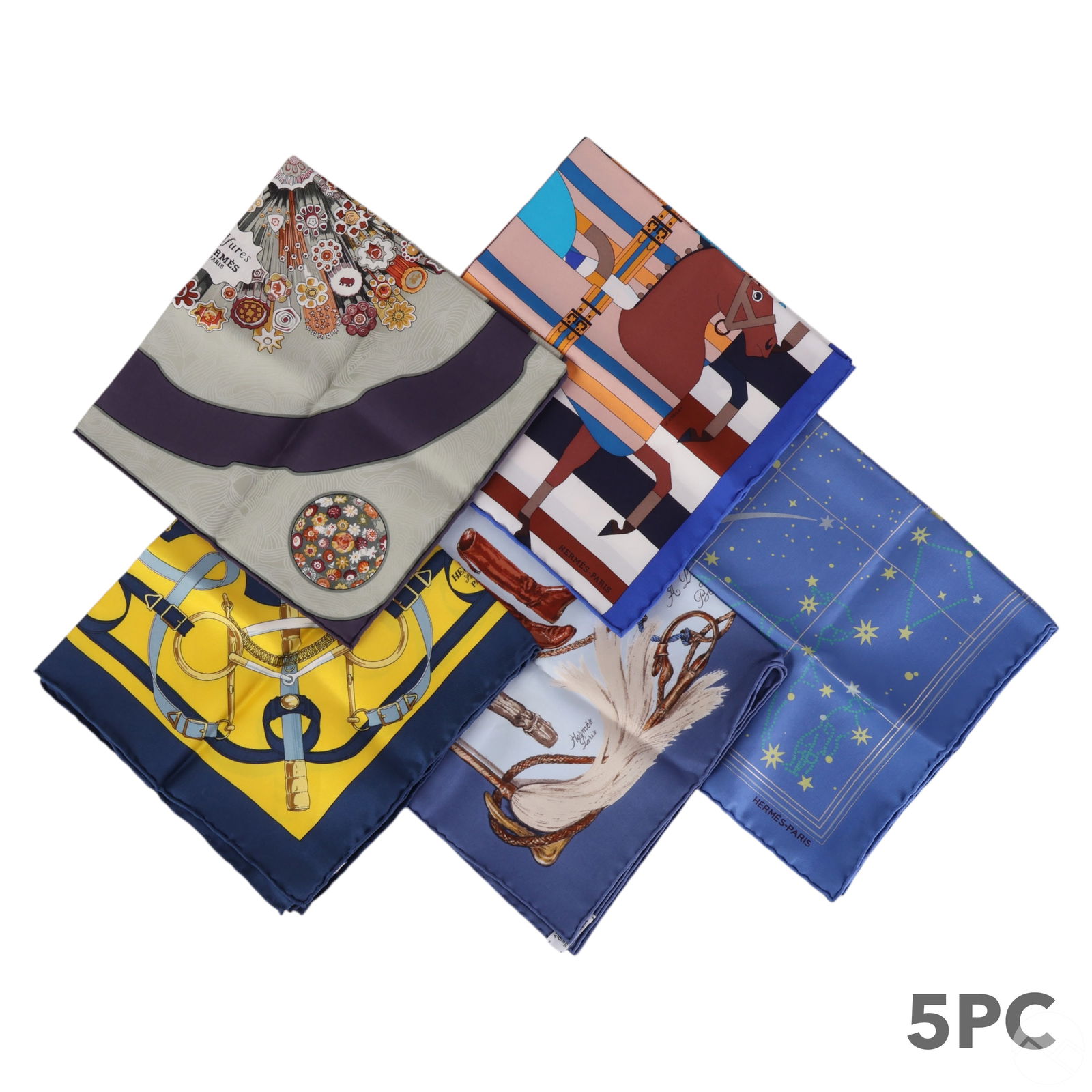 Hermes French Designer Silk Pocket Square 5pc LOT: Estate lot of five authentic Hermes Paris silk pocket squares, each featuring intricate designs and vibrant colors reflective of Hermes' signature craftsmanship. The collection includes motifs inspire