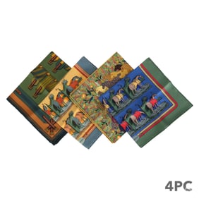 Hermes French Designer Silk Pocket Square 4pc LOT