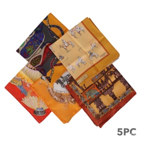 Hermes French Designer Silk Pocket Square 5pc LOT