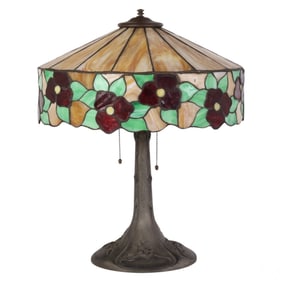 Carmel & Red Flower Slag Glass Bronzed Metal Lamp