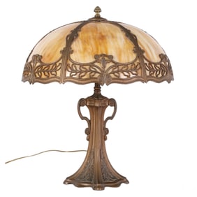 E.M Miller Antique Six Panel Slag Glass Table Lamp