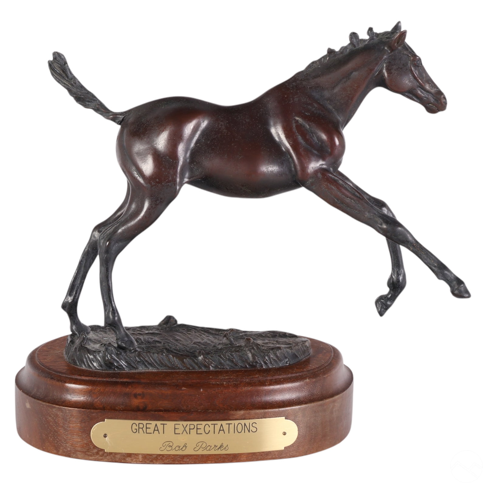 Bob Parks 1943-2017 Bronze Running Foal Sculpture: Bob Parks (American, 1943-2017), cast bronze sculpture titled Great Expectations, depicting a young horse in mid-gallop. The sculpture captures the dynamic movement and spirited energy of the foal wit