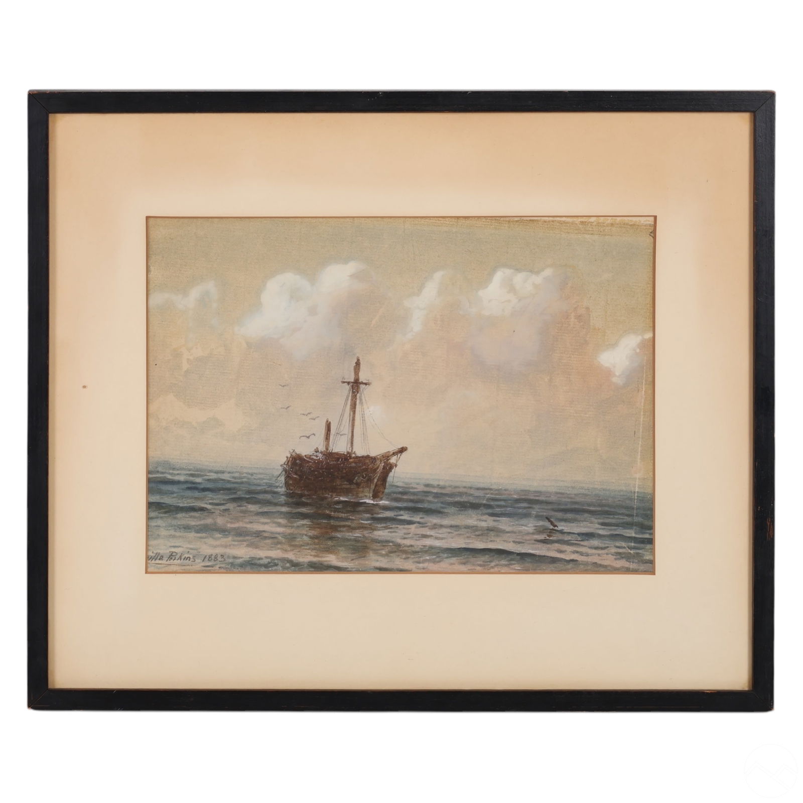 Granville Perkins 1830-1895 Watercolor Painting: Granville Perkins (American, 1830-1895) original watercolor painting on paper, dated 1883, depicting a maritime scene with a sailing ship reflected on calm waters beneath an expansive, cloud-filled sk