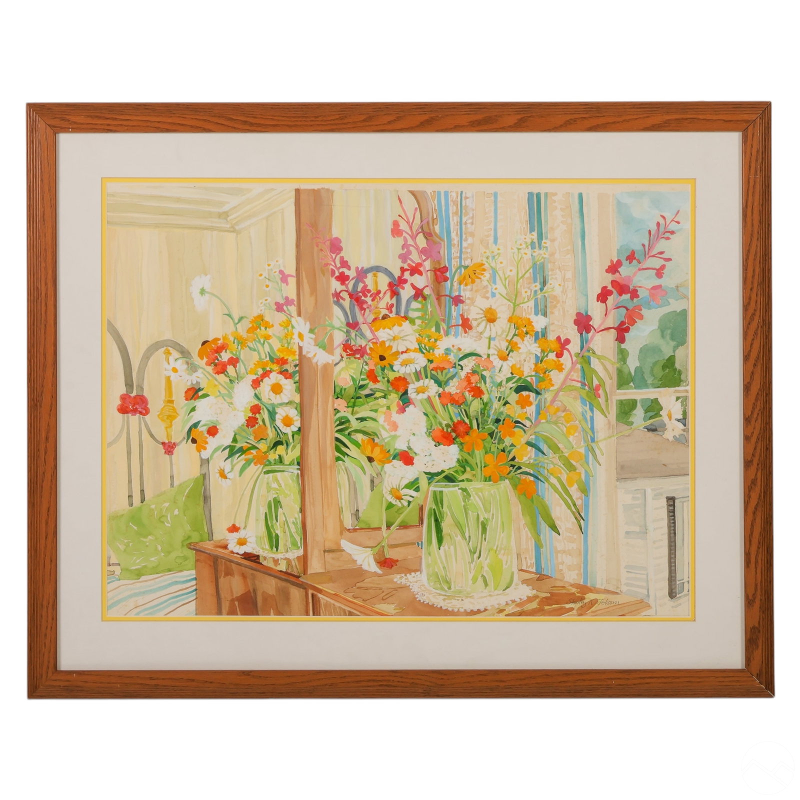 Stanley N Folsom 20/21C Flower Watercolor Painting: Stanley N. Folsom (American, 20th/21st Century), original watercolor painting on paper titled Still Life at the Auberge: Bic. The composition features a bouquet of wildflowers reflected in a mirror wi