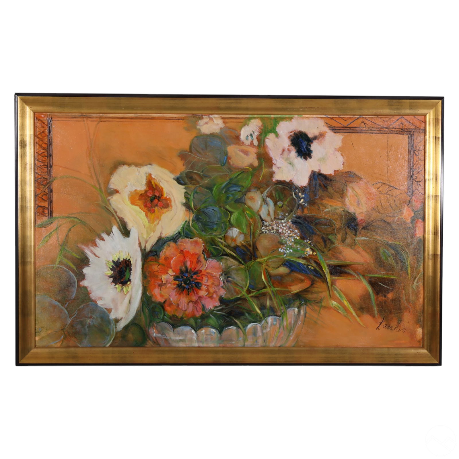 Sylvia Tarshis 1924-2019 Flora Still Life Painting: Sylvia Tarshis (American, 1924-2019), original large-scale oil on canvas still life depicting a lush arrangement of blooming flowers in warm pastel tones. The composition features soft brushwork and l