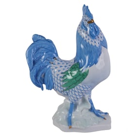 Herend Large Blue Fishnet Porcelain Rooster Bird