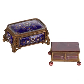 French Enamel Bronze and Agate Trinket Box 2pc LOT