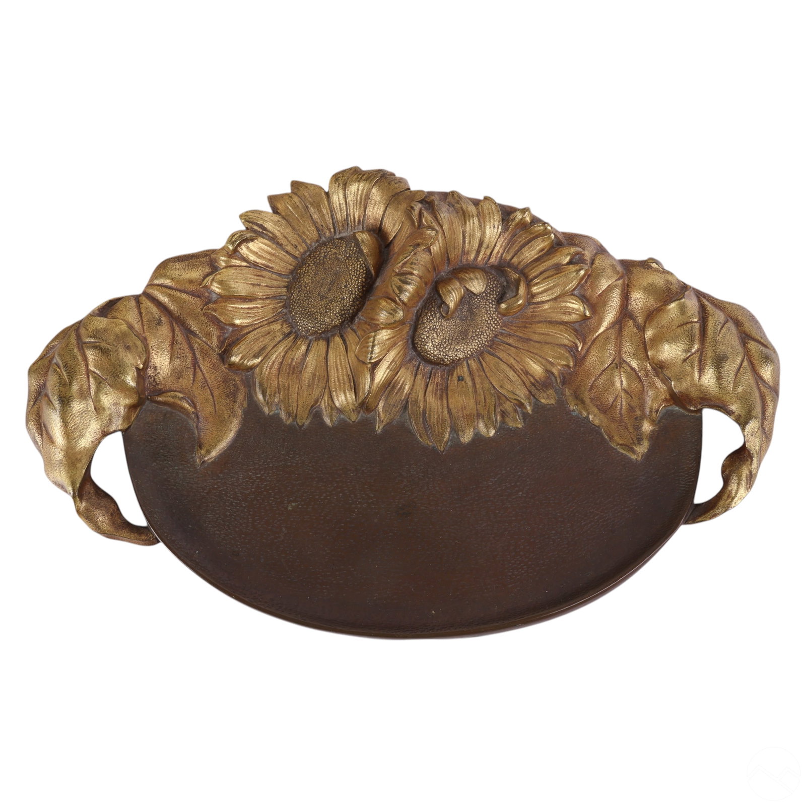 M Bertin French 20C Bronze Floral Vanity Desk Tray: M. Bertin (French, 20th century) Art Nouveau bronze vanity tray featuring detailed sunflower and foliate motifs with elegantly curved handles. The cast bronze tray is accented with dore gold decoratio