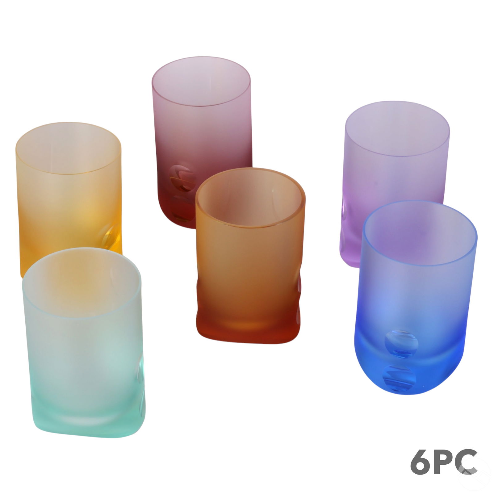 Moser Tipsy Tumbler Highball Barware Glasses SET: Set of six Moser Czech glass Tumbler Highball barware glasses in the Tipsy pattern, featuring a modern asymmetrical design with an off-kilter base and a satin-frosted gradient effect. This colorful se