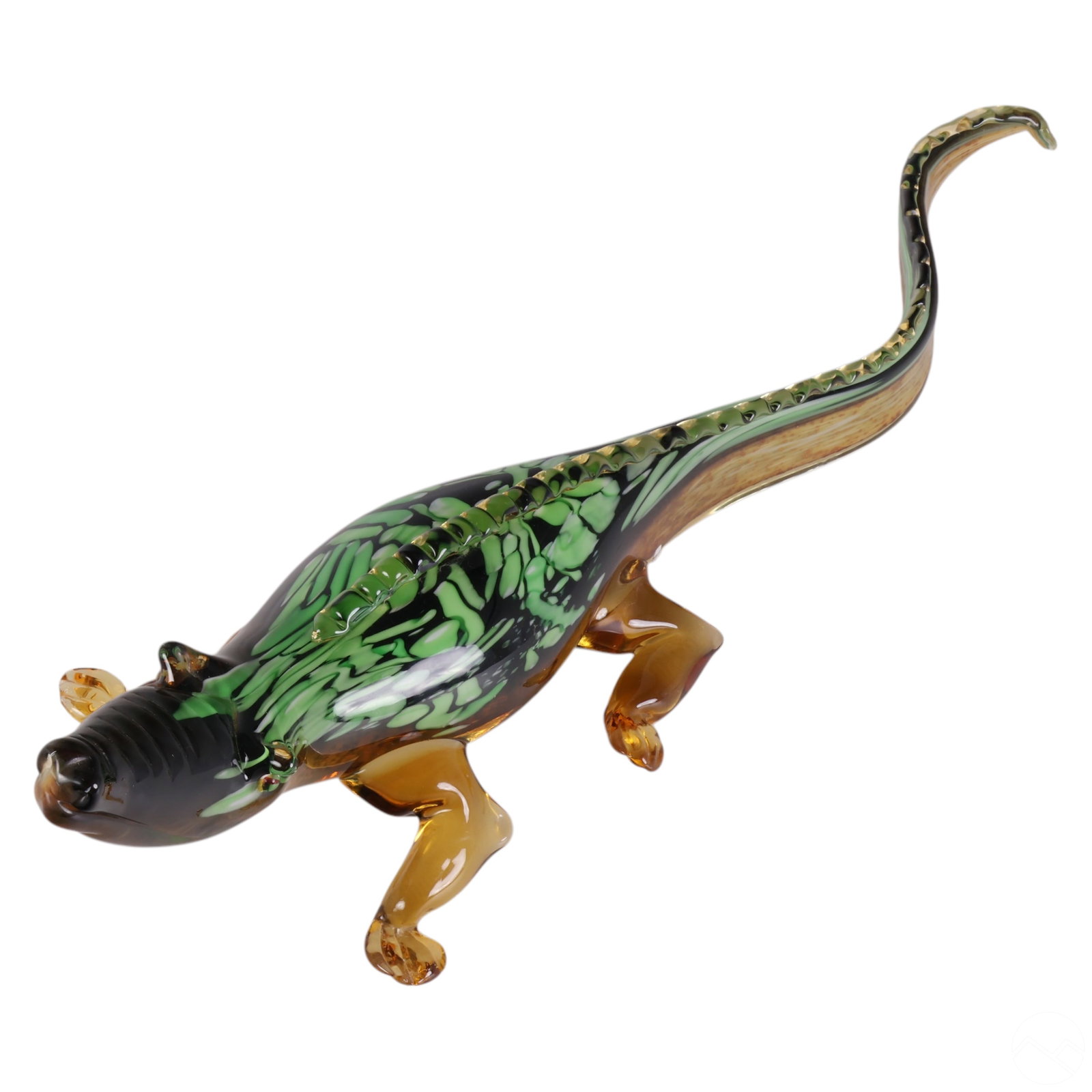 Murano Studio Art Glass Gator Crocodile Sculpture: Murano Italian art glass alligator or lizard sculpture crafted with a blend of green, black, and amber tones. The piece features detailed texturing along the spine, a vibrant green and black pattern o