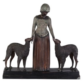 Lady with Her Dogs Bronze Sculpture after Chiparus
