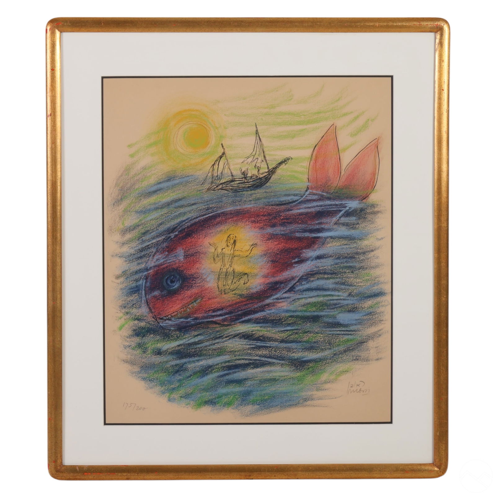 Reuven Rubin 1893-1974 Jonah & Whale Litho SIGNED: Reuven Rubin (1893-1974), Jonah and the Whale, original color lithograph on paper from the Prophet Series. The composition depicts a biblical interpretation of Jonah being swallowed by a great fish, f