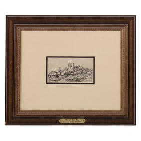 Rembrandt 1606-1669 Village Square Tower Etching