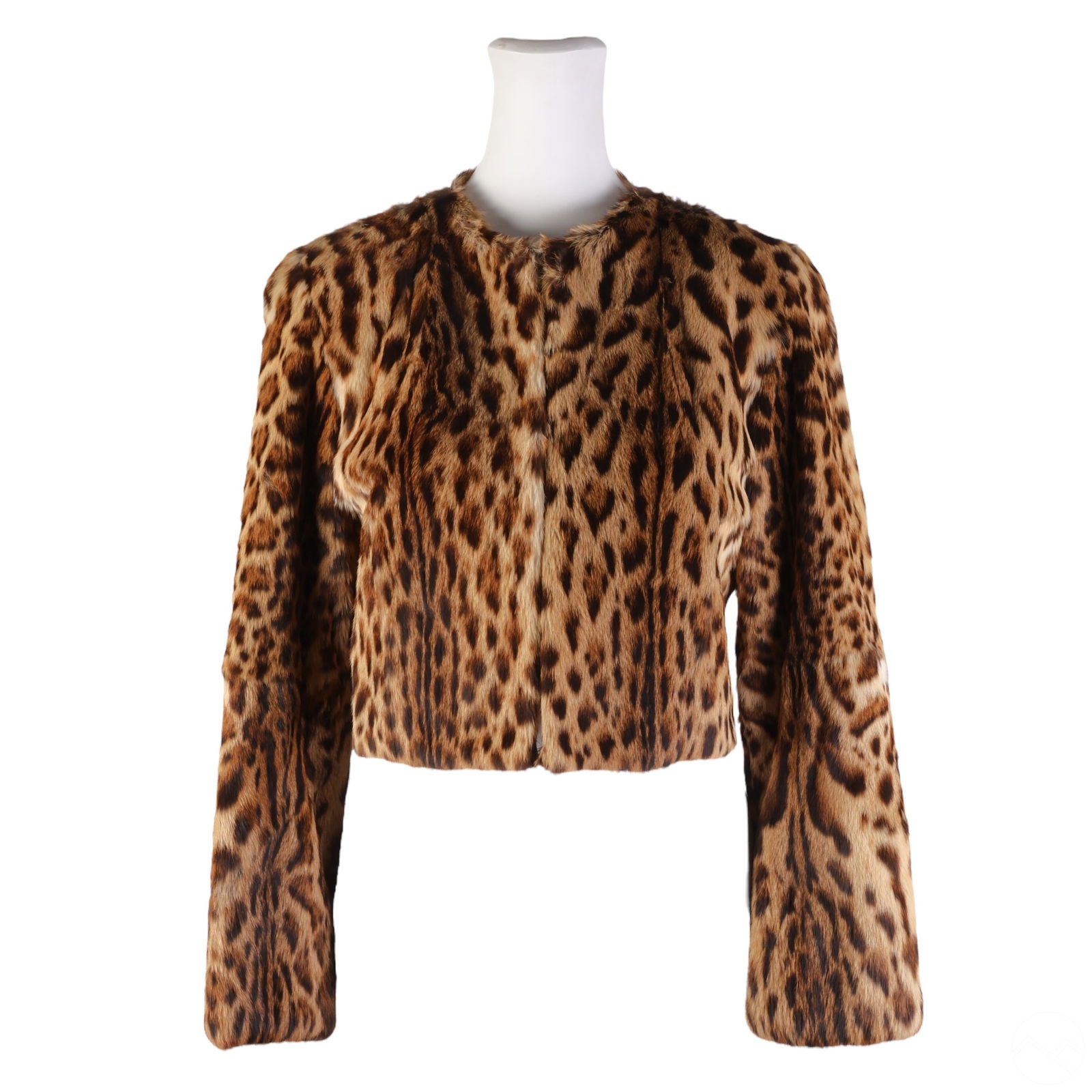 Mous Hoffman Designer Leopard Fur Cropped Jacket: Maus & Hoffman Palm Beach Boutique leopard-print fur jacket, crafted in the USA. This cropped design features long sleeves, a hook-and-eye front closure, and functional pockets. The interior is lined