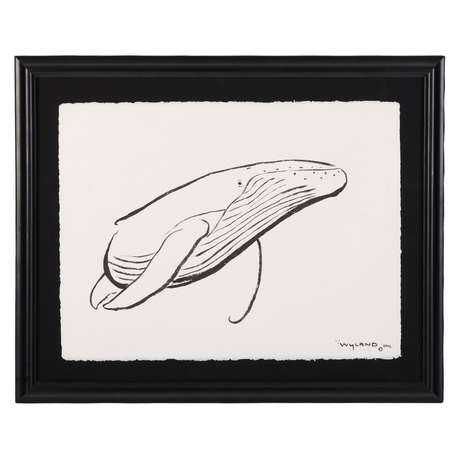 Robert Wyland b.1956 Original Whale Painting 2012: Robert Wyland (American, born 1956), original Chinese brushstroke ink on paper. The minimalist composition features a fluid, expressive rendering of a humpback whale, achieved through bold, gestural l