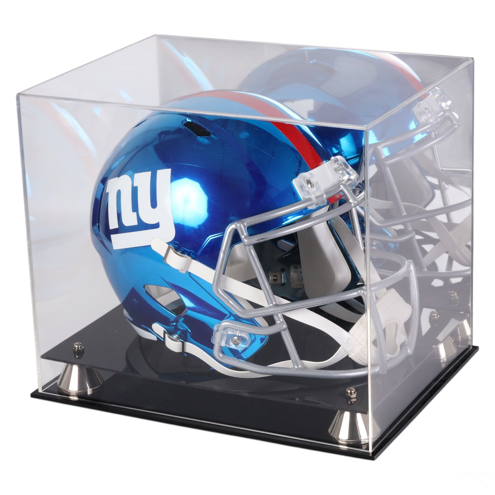 New York Giants Riddell Full Size Football Helmet: New York Giants full-size replica football helmet displayed in a clear acrylic case. The helmet retains its original hologram with identifying numbers, confirming authenticity. Housed in a protective 