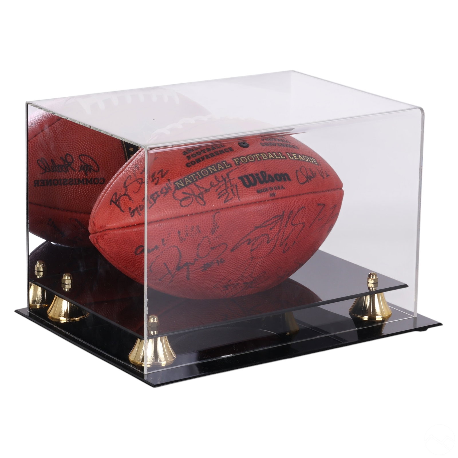 Notre Dame College Autographed Football with CASE: Wilson football signed by multiple Notre Dame football players and sports celebrities, including notable names such as Mike Golic Jr., Anthony Fasano, Michael Floyd, Charlie Weis Jr., Charlie Weis, St