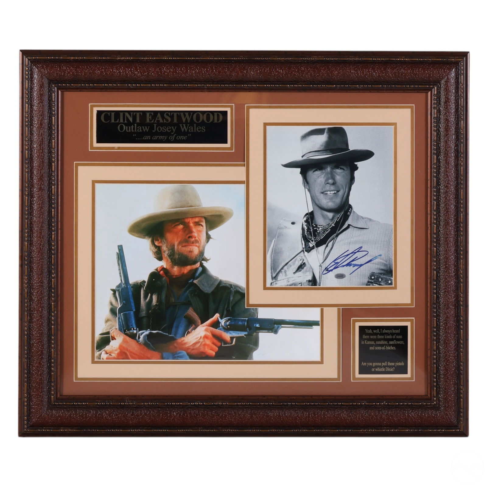 Clint Eastwood SIGNED Black White Photograph w COA: Clint Eastwood memorabilia display featuring a black-and-white autographed photograph paired with a color photograph, both celebrating his role in The Outlaw Josey Wales. A plaque above the black-and-
