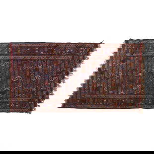 Antique Handwoven Middle Eastern 80" x 42.5" Rug: Antique hand-woven Oriental Afghan-style wool carpet featuring geometric and tribal patterns that reflect traditional Middle Eastern craftsmanship. The design incorporates a rich color palette of red,