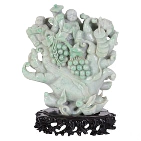 Chinese Carved Celadon Jade Grapevine Sculpture