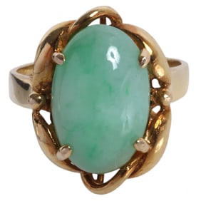 Chinese 14k Gold Apple Green Jade Cabochon Ring